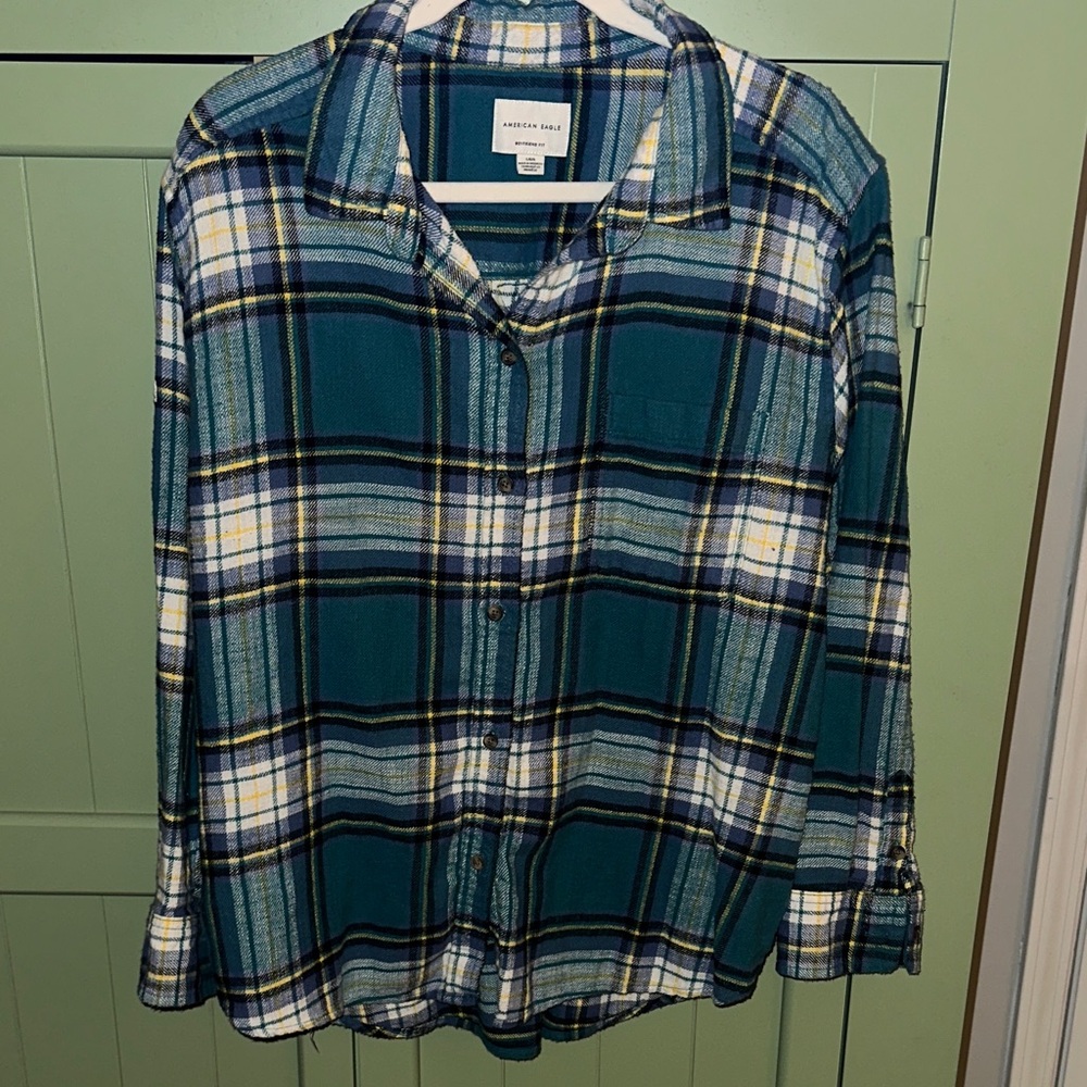 American Eagle Teal and Yellow Plaid Shirt